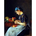 Young Woman Peeling Apples by Isidor Kaufmann - Jewish Art Oil Painting Gallery IK630